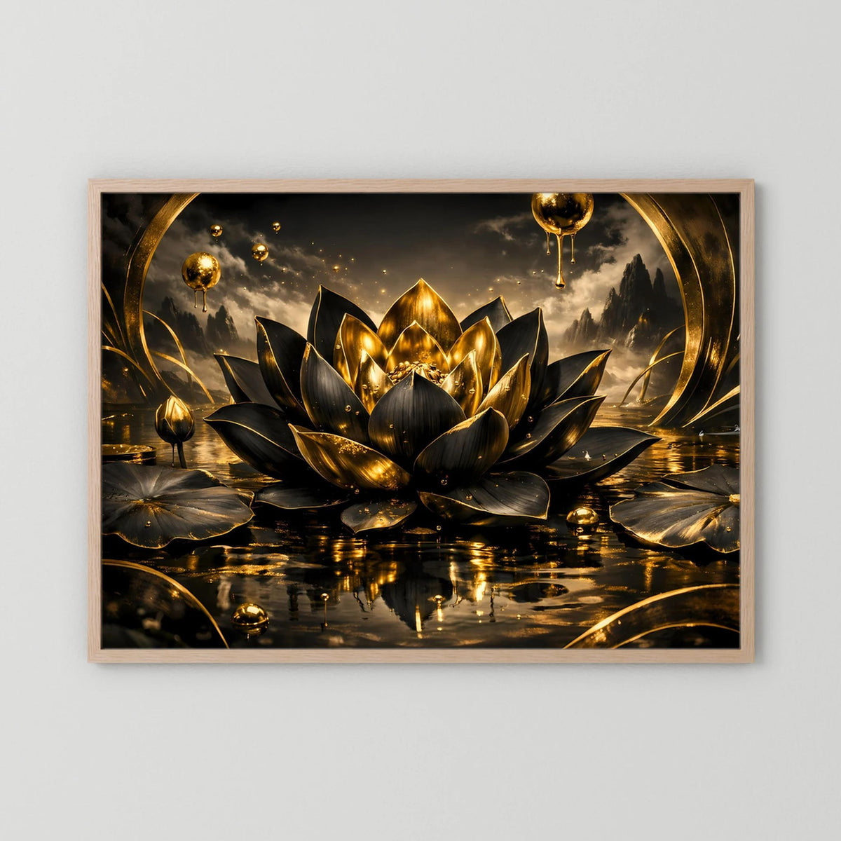 Wandbild mit beigem Holzrahmen: gold-schwarze Lotusblüte und goldene Kreisornamente