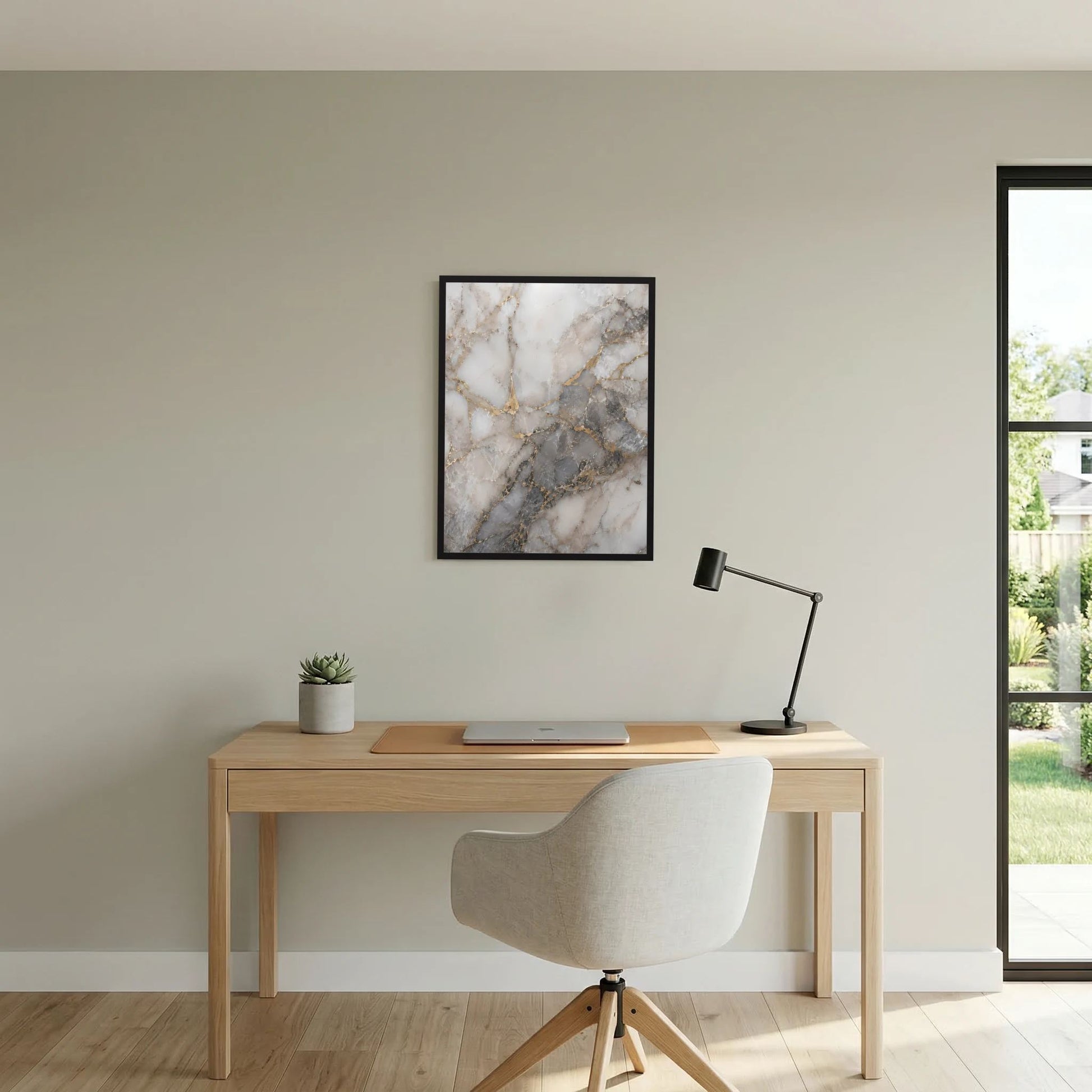 Marmoroptik-Poster im schwarzen Rahmen: helle Steinfläche mit goldenen Adern und grauen Linien.