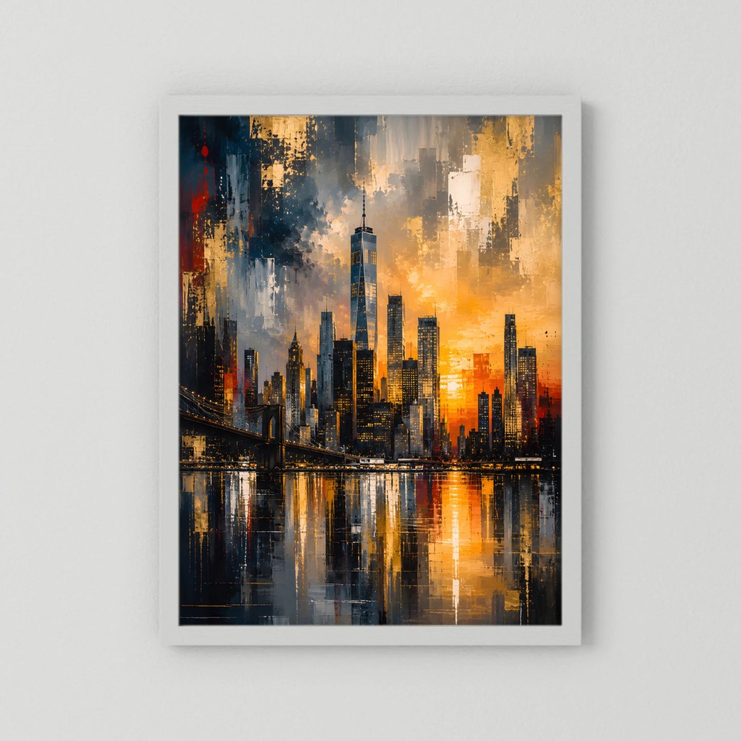Poster mit weißem Rahmen und abstrakter Skyline in Gold- und Schwarztönen