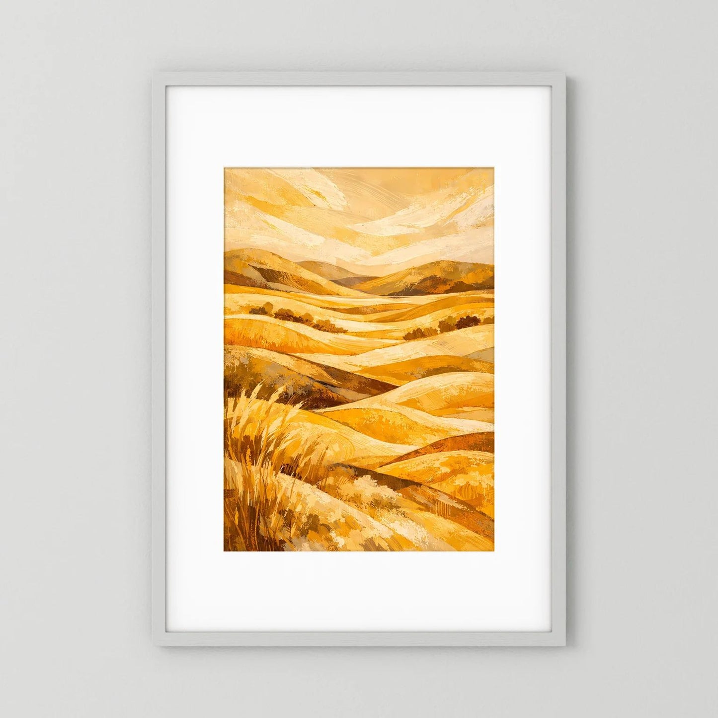 Hochformatiges abstraktes Poster mit gelben und ockerfarbenen Hügeln und Wellenlinien