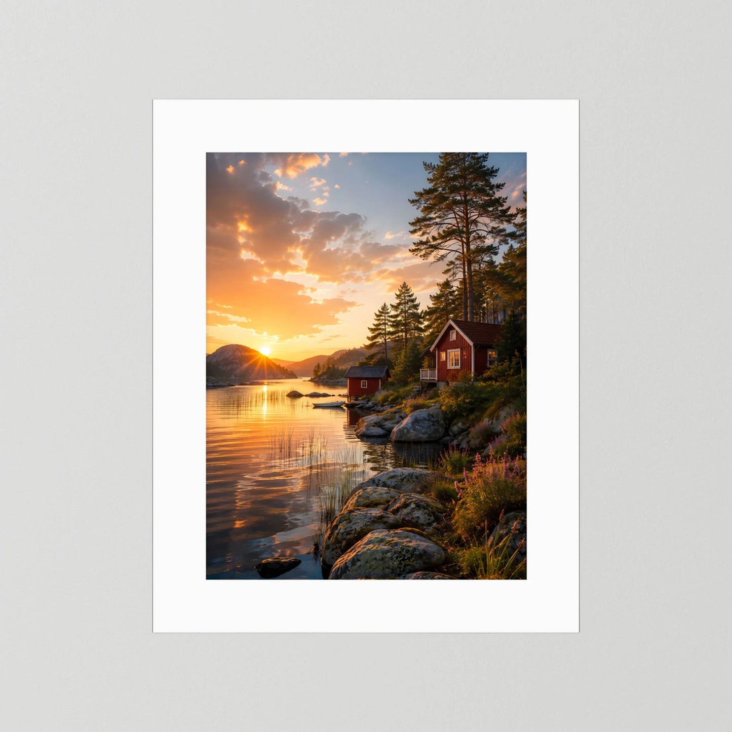 Kunstposter im Hochformat mit weißer Passepartout: See bei Sonnenuntergang, rote Hütte, Nadelbaum.