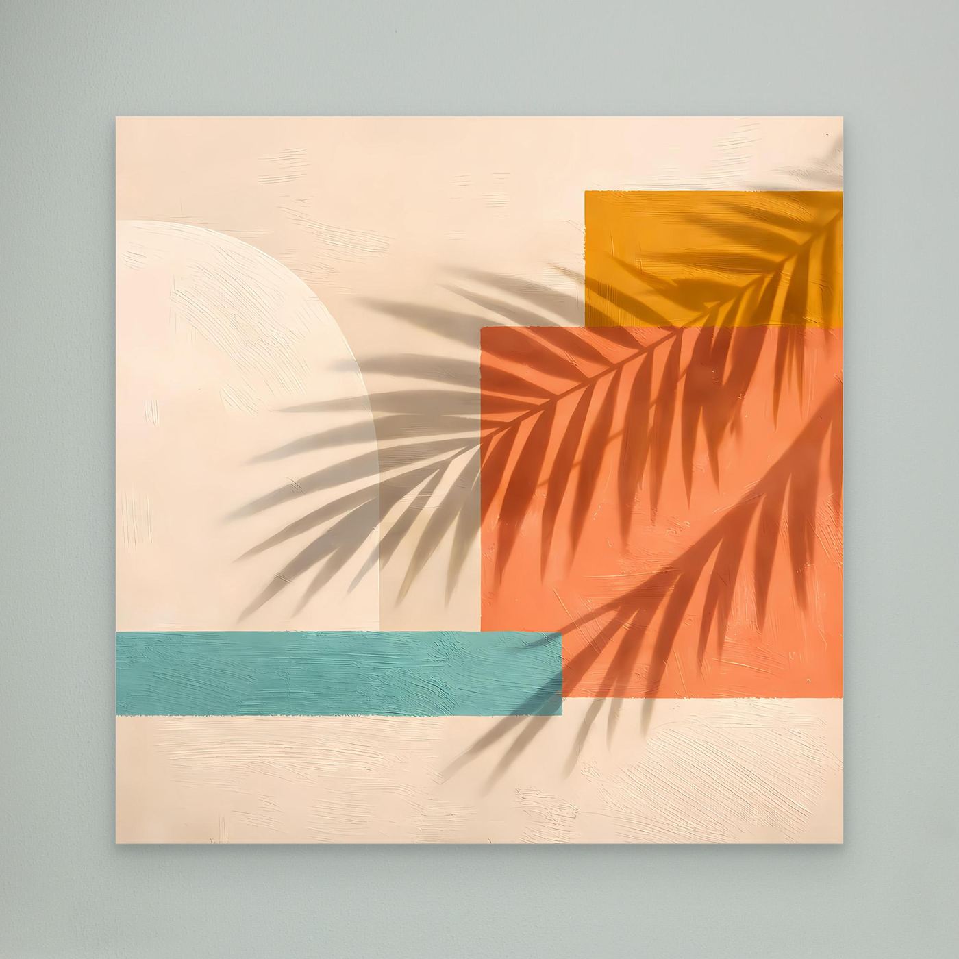Leinwand Abstrakte Geometrie mit Palmenschatten | Modernes Boho Wandbild Terracotta