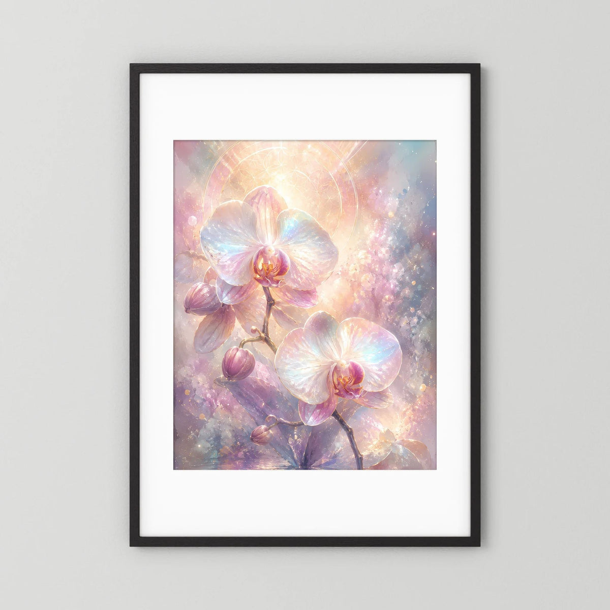 Hochformat-Orchideenposter mit weißem Passepartout und schwarzem Außenrahmen