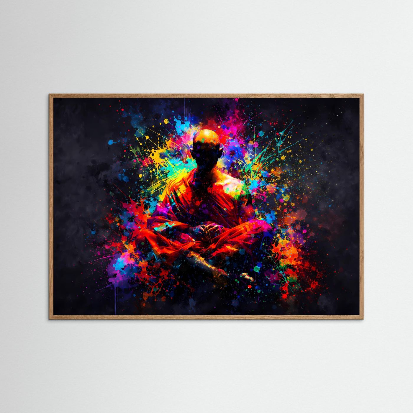 Kunstposter mit Buddha im Farb-Sprühfeuerwerk, helles Eichenholz, querformat