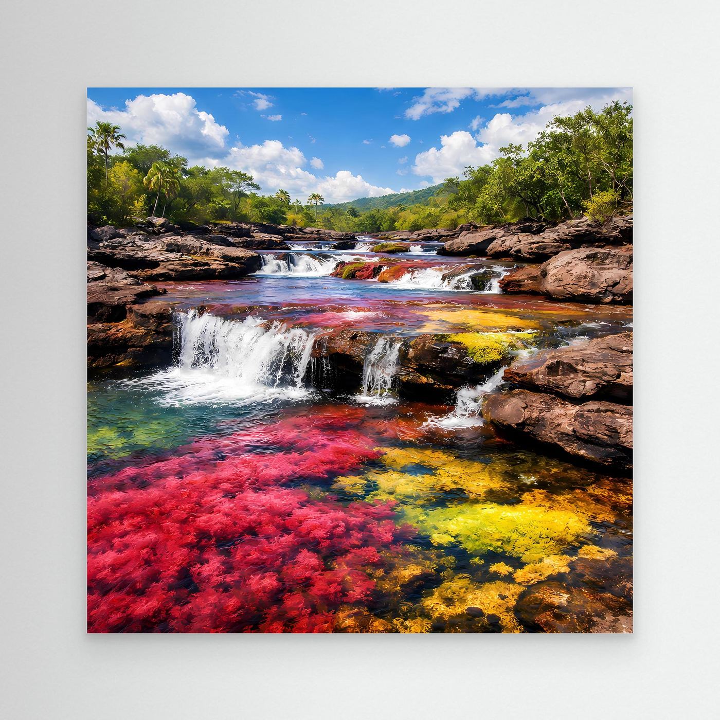 Leinwandbild mit Wasserfall und leuchtendem Regenbogenfluss über Felsen und Grün
