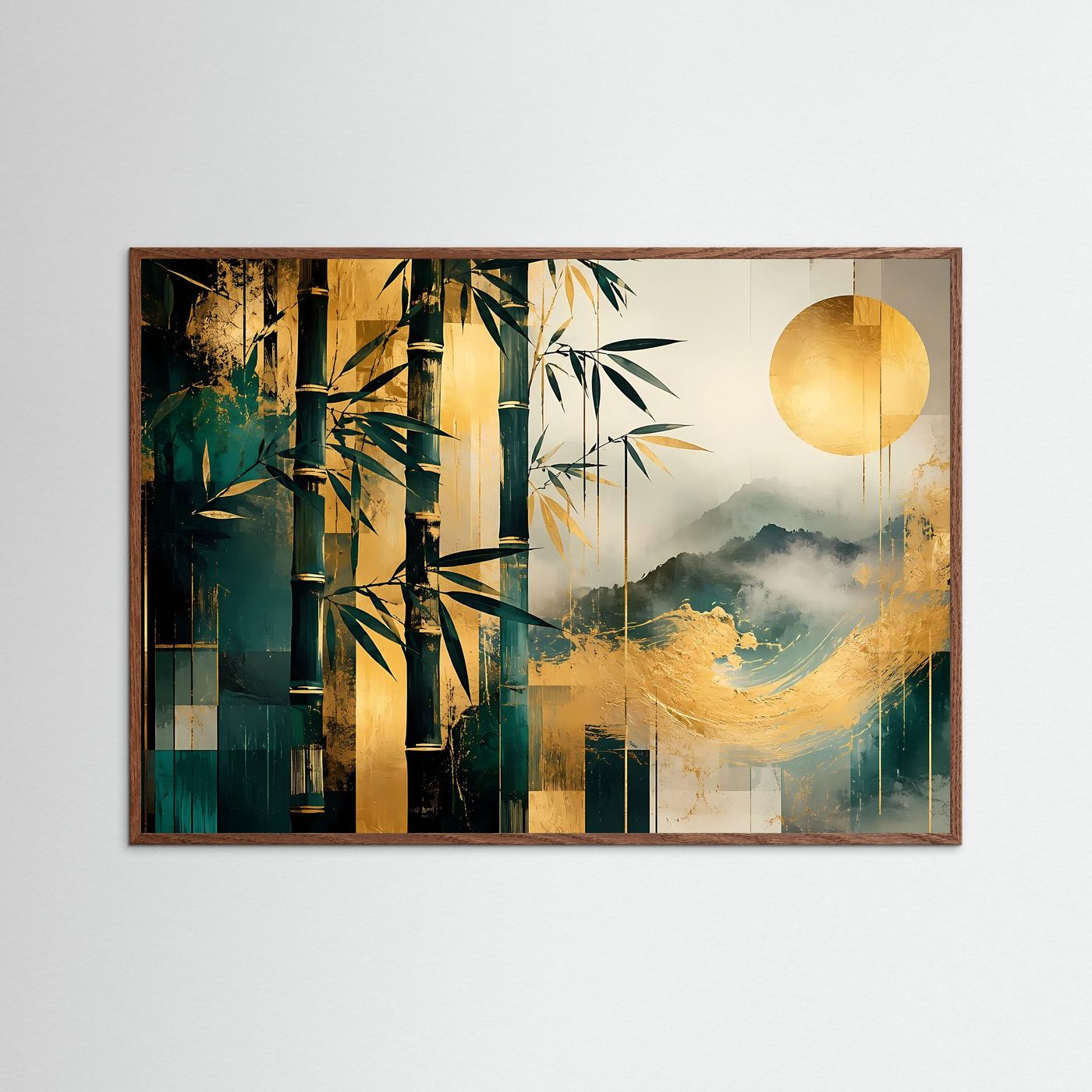 Bambus Gold Poster | Japanische Landschaft Wandbild Modern | Abstrakte Zen Kunst mit Bergen und Sonne