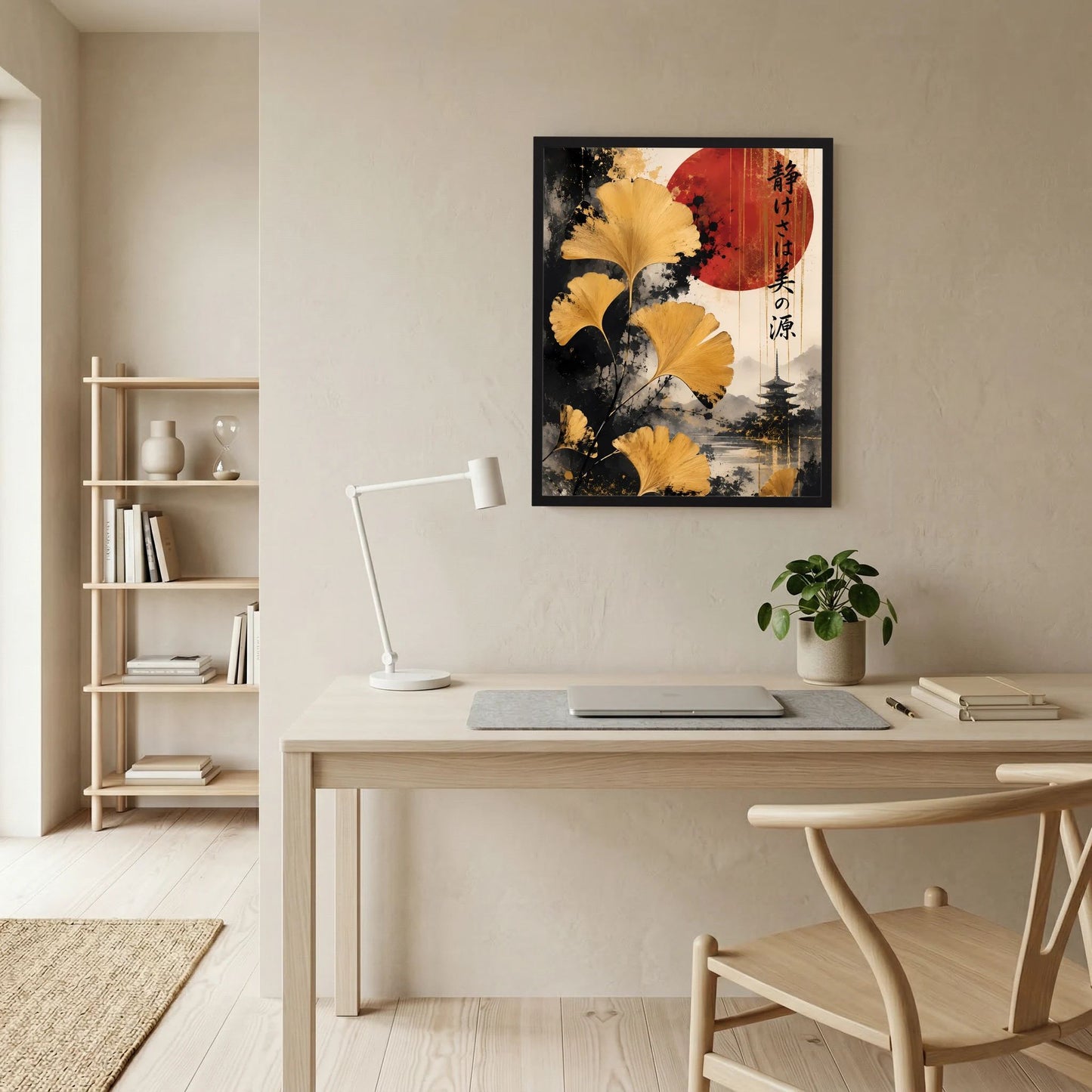 Gerahmtes Hochformat-Poster: goldene Ginkgo-Blätter, rote Sonne, Pagode und Schriftzeichen