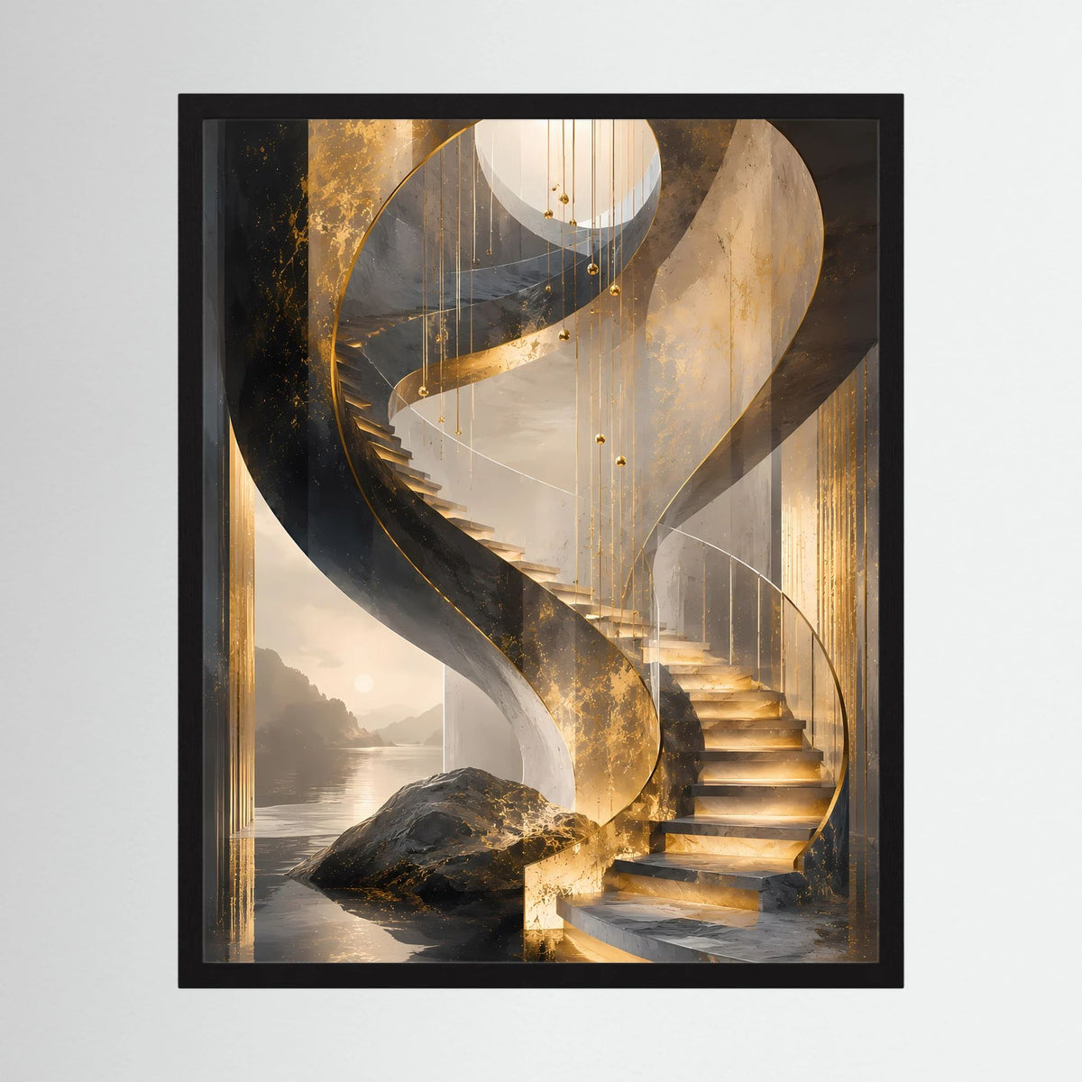 Gerahmtes Hochformat-Poster mit goldener Wendeltreppe in Schwarz und Creme