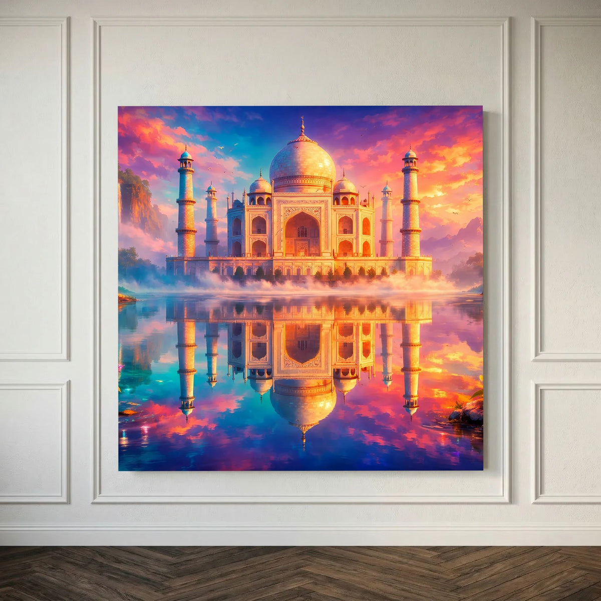 Gerahmtes Leinwandbild Taj Mahal in der Mitte: goldene Kuppel, Spiegelung im Wasser, Keilrahmen.
