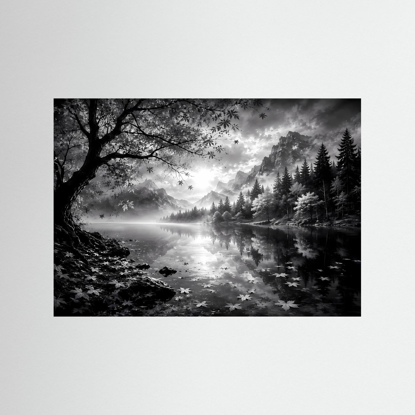 Schwarz Weiß Landschaft Poster | Bergsee Wandbild | Nebel Berge Natur | Monochrome Wandkunst | Moderner Fine Art Print