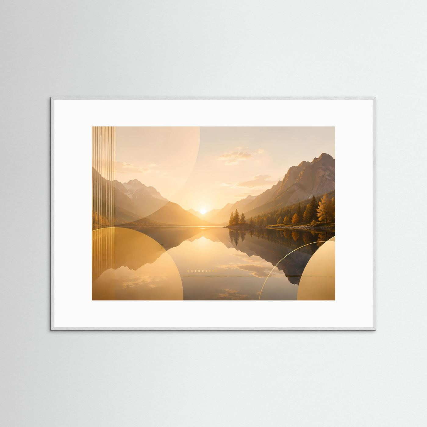 Bergsee Poster Querformat | Goldene Berglandschaft bei Sonnenuntergang | Elegantes Natur Wandbild mit See, Bergen & Herbstwald