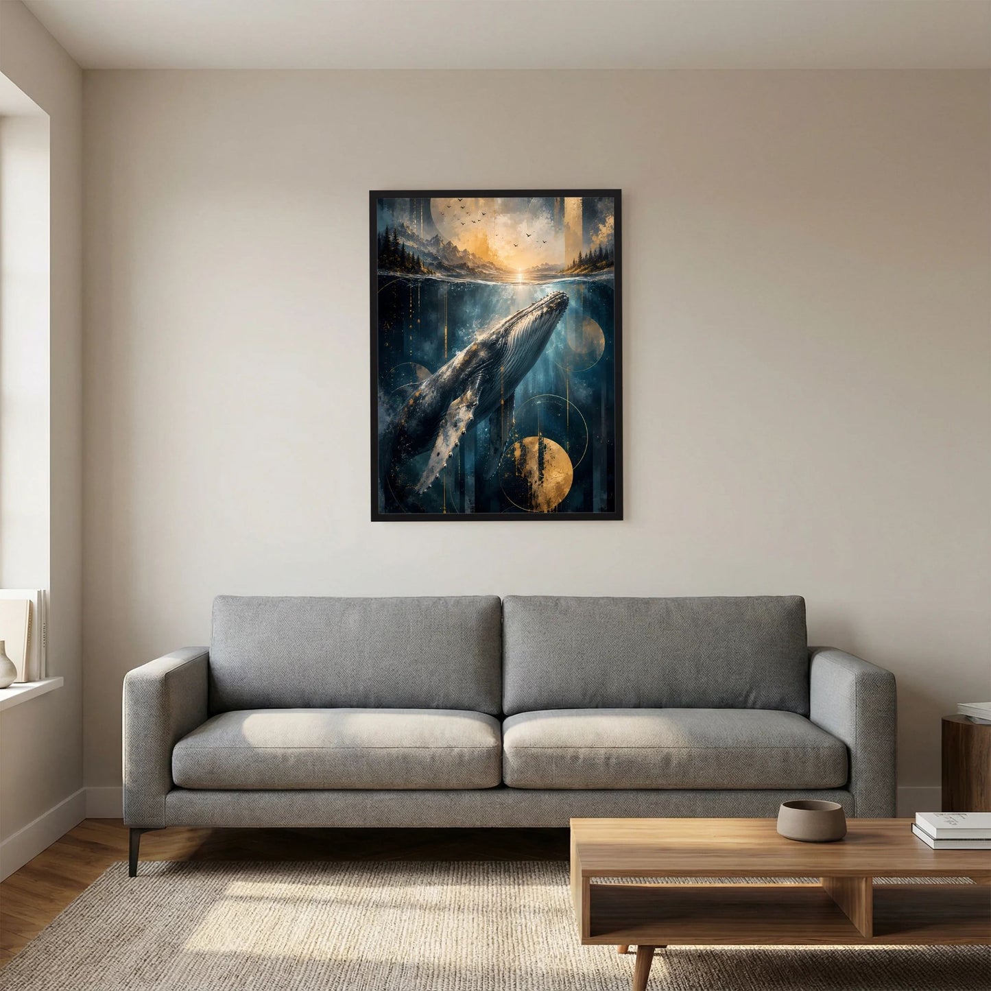 Hochformat-Poster mit schwarzem Rahmen: Wal unter der Wasseroberfläche, Blau und Gold