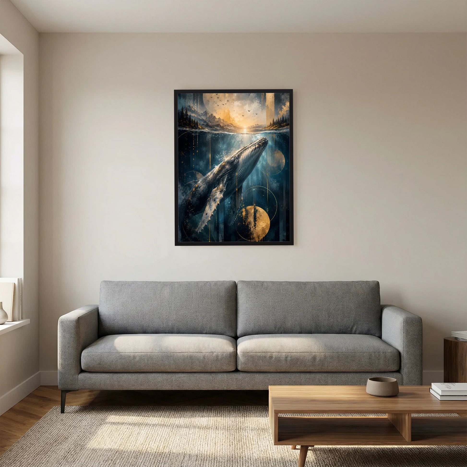 Hochformat-Poster mit schwarzem Rahmen: Wal unter der Wasseroberfläche, Blau und Gold