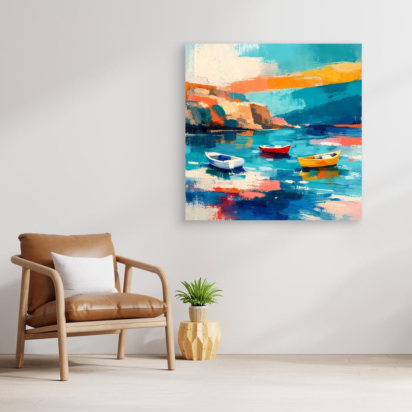 Wandbild mit abstrakten Booten in der Bucht, farbenfroher Pinselstil, ohne sichtbaren Rahmen