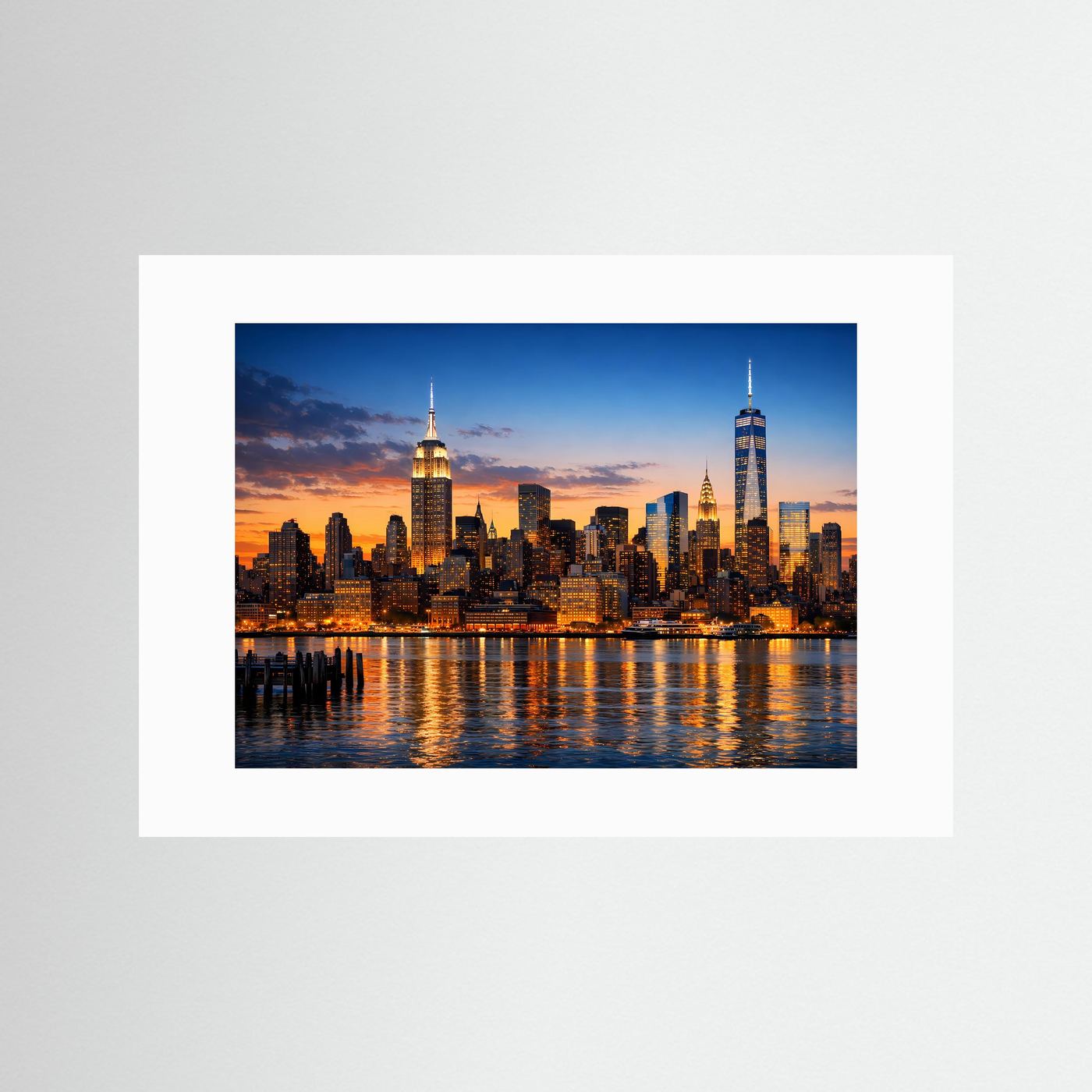 Wandposter Skyline von New York bei Sonnenuntergang, Querformat mit weißem Passepartout