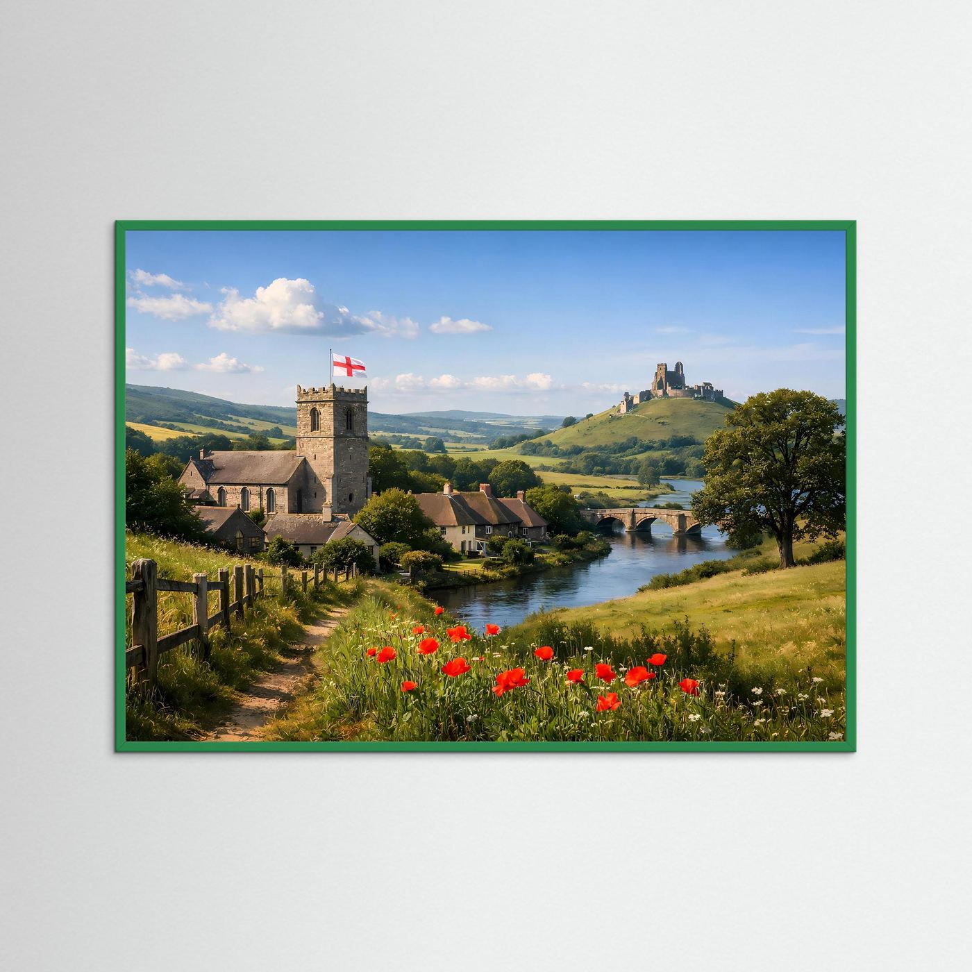 Naturposter Querformat mit grünem Rahmen: Burgruine, Fluss und rote Mohnblumen