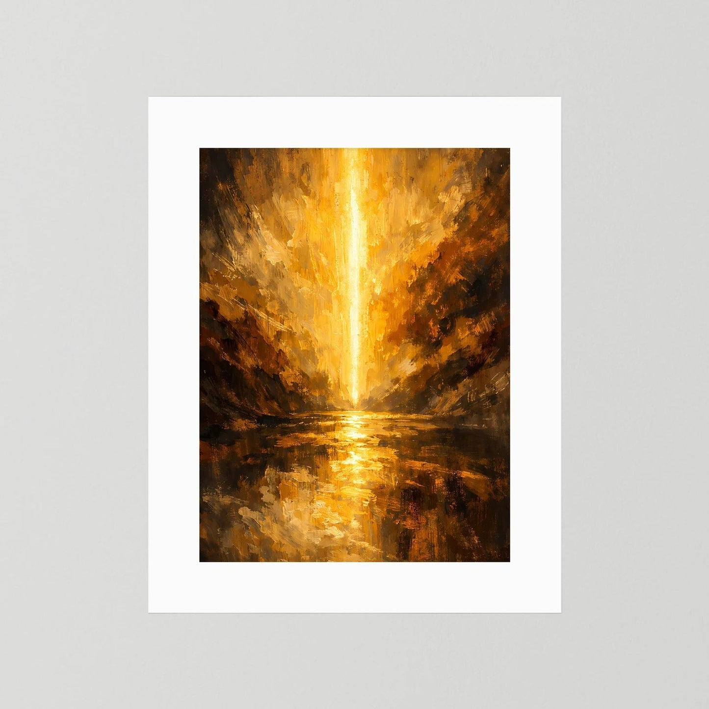 Wandposter mit weißem Rand, gold-schwarze Schluchtlandschaft mit Lichtstrahl und Reflexion
