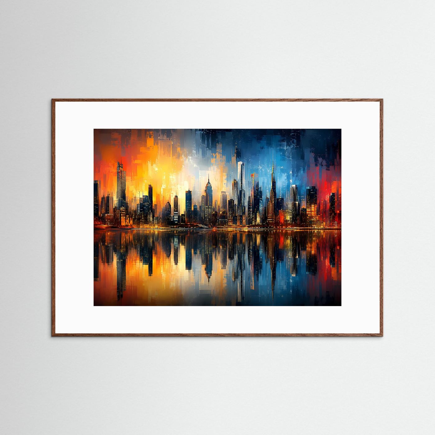 Abstrakte Skyline in Blau & Gold | Moderne City Panorama Kunst Poster Querformat