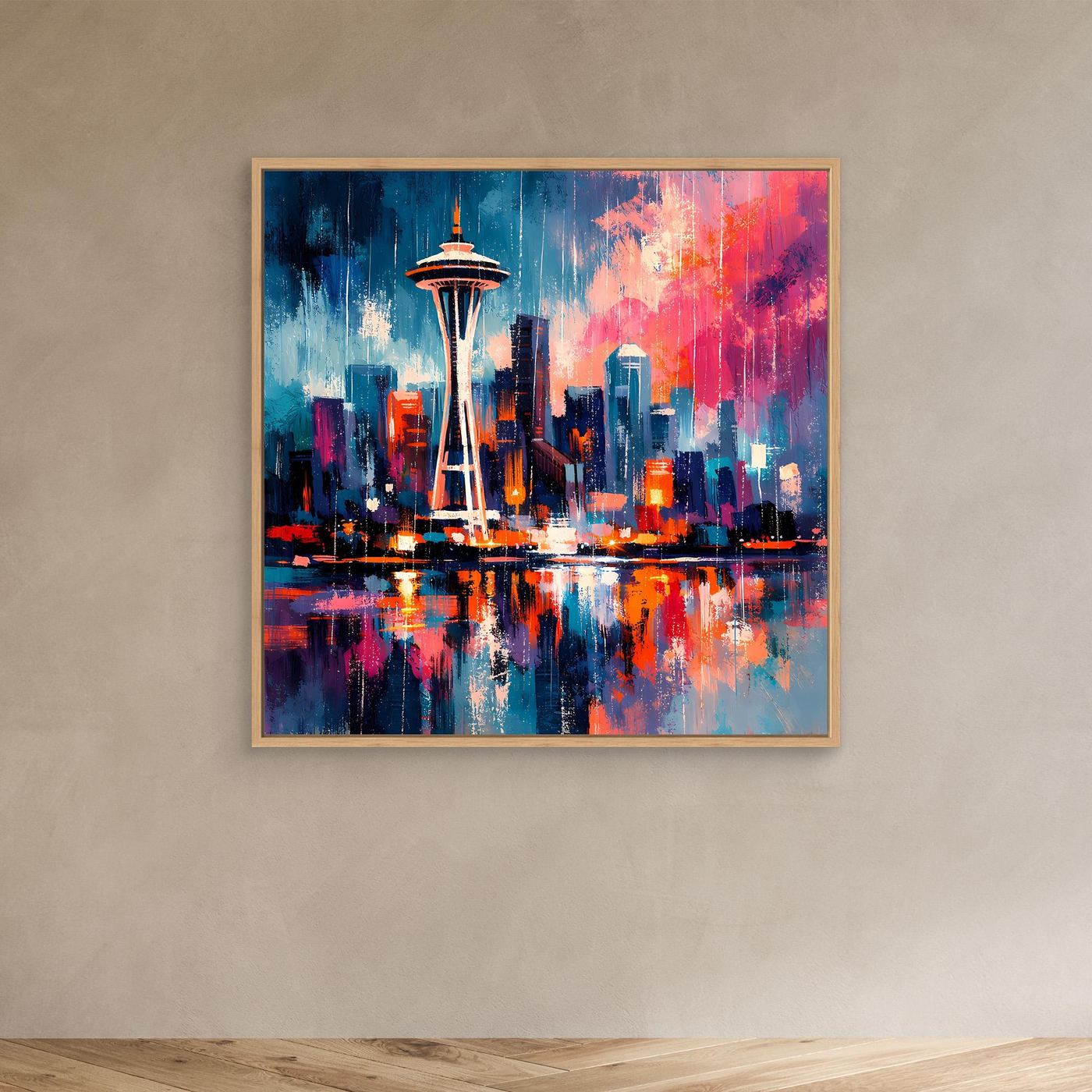 Wandbild Space Needle mit Holzrahmen an der Wand, abstrakte Skyline in Blau-Rot