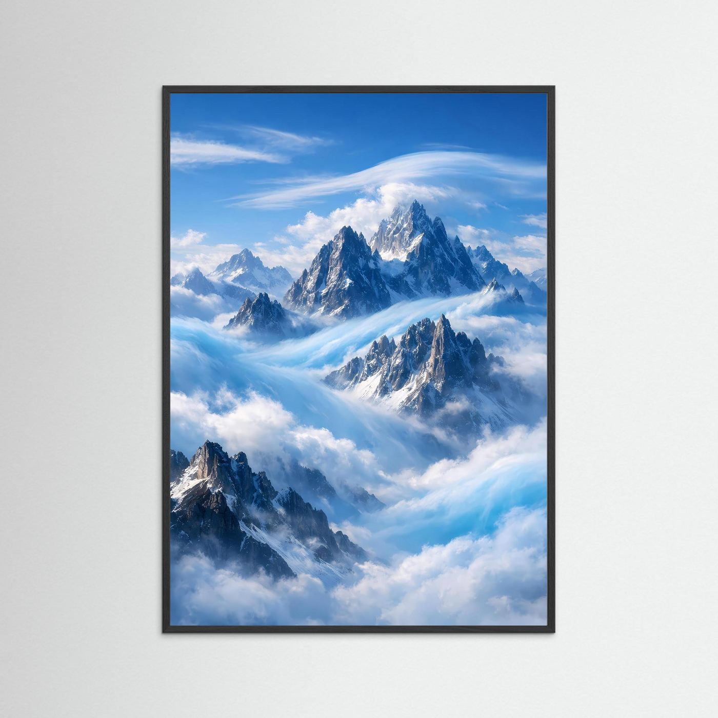 Gebirgsposter mit Alpenpanorama über Wolken, Hochformat, schwarzer Rahmen