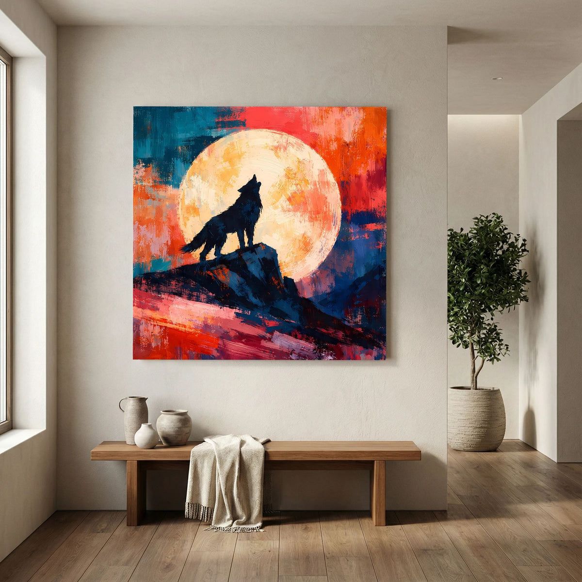 Leinwand Abstraktes Wolf Gemälde | Modernes Mystisches Wandbild Heulender Wolf Vollmond