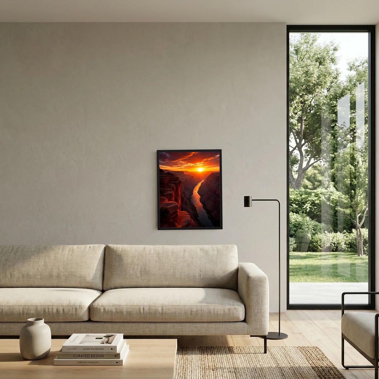 Hochformat-Poster mit Fluss zwischen Felsen bei Sonnenuntergang im Wohnzimmer