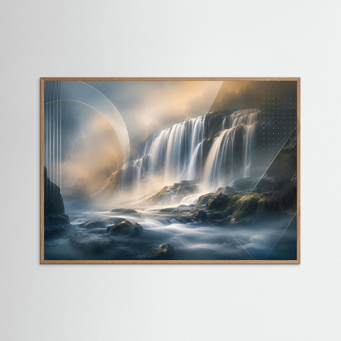 Querformat-Poster mit Wasserfall in Blau und Gold, im naturfarbenen Eichenrahmen