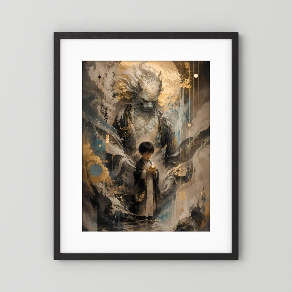 Hochformat-Poster mit mystischem Wächter und Kind, goldene Lichtwolken, schwarzer Rahmen