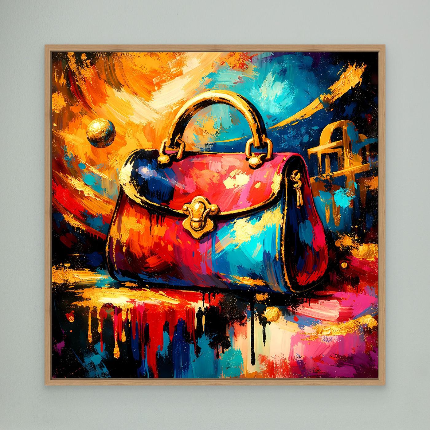 Leinwandbild mit abstrakter Handtasche, blau-goldene Bügel und bunte Farbspritzer, im Eichenrahmen