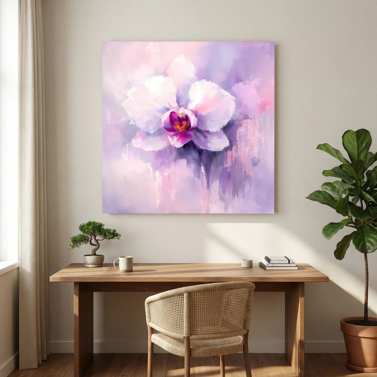 Leinwand-Wandbild mit Orchideenmotiv in Pastellviolett und Pink, zentral
