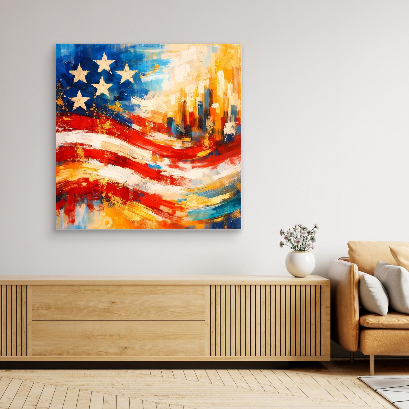 Unrahmiges Leinwandbild mit abstrakter US-Flagge und Skyline, Rot-Blau-Gelb