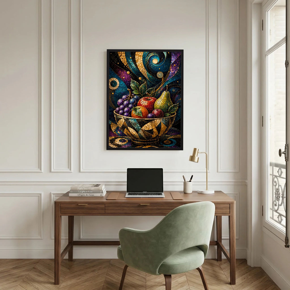Poster mit Mosaik-Obstschale und goldenen Verzierungen, bunte Früchte