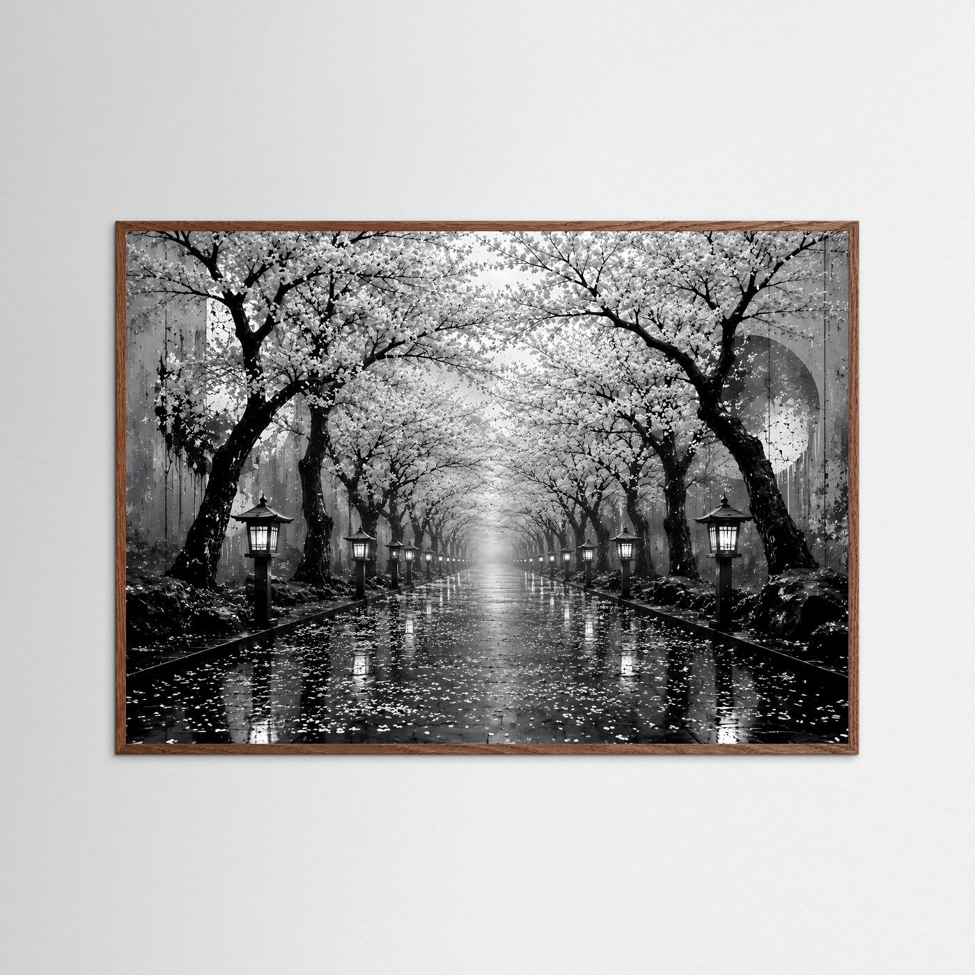 Kirschblütenallee Schwarz-Weiß | Japanisches Wandbild mit Laternen im Regen