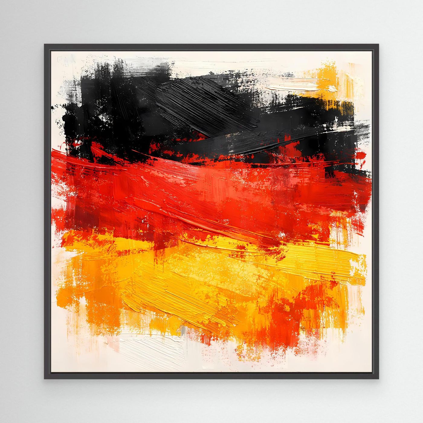 Abstract Germany flag wall art in a black frame with red and yellow brush textures