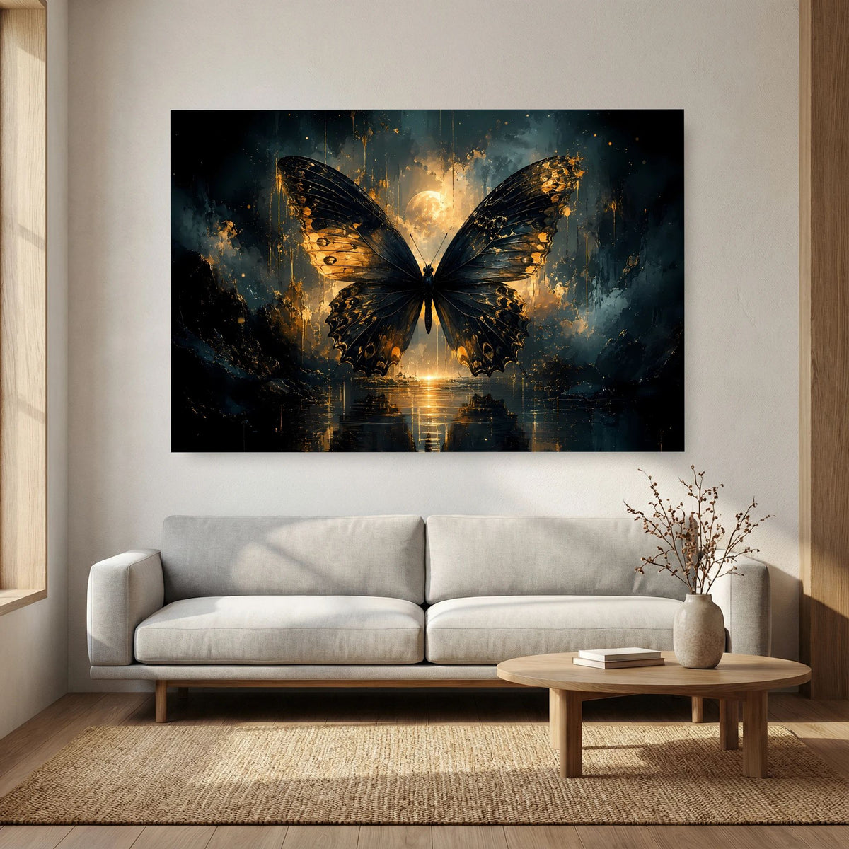 Wandposter mit goldenem Schmetterling auf dunklem Hintergrund, abstraktes Fantasy-Motiv