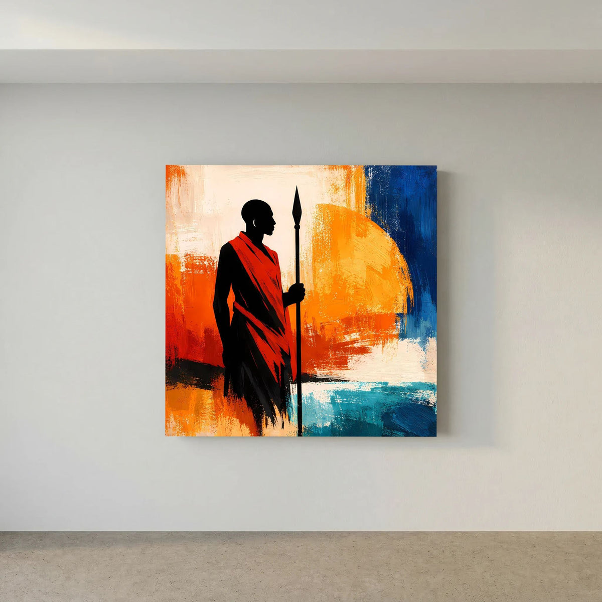 Wandbild mit afrikanischer Krieger-Silhouette, rotem Tuch, Speer und orange-blauen Pinselstrichen