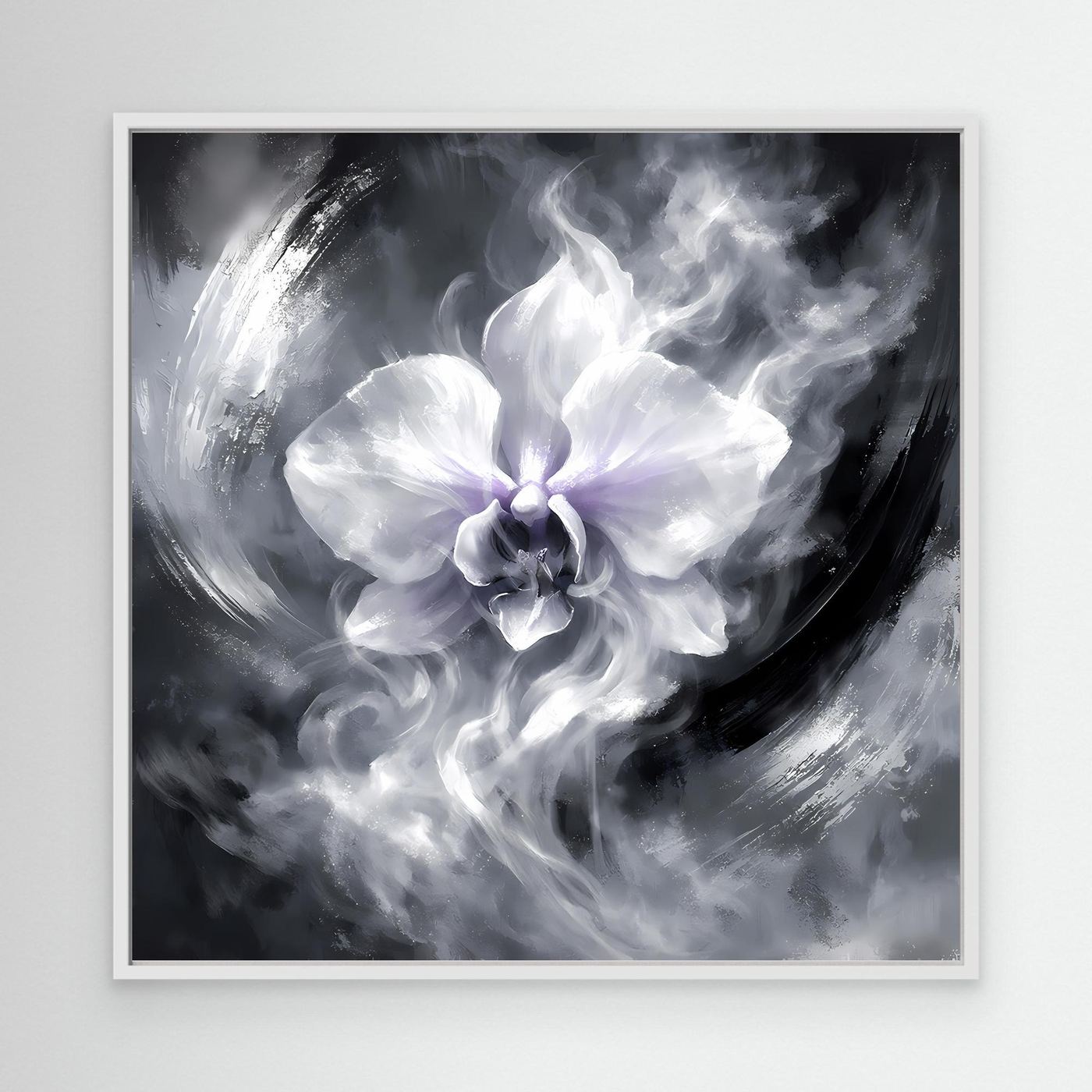 Leinwandbild Orchidee, abstrakt in Schwarzweiß, mit weißem Rahmen