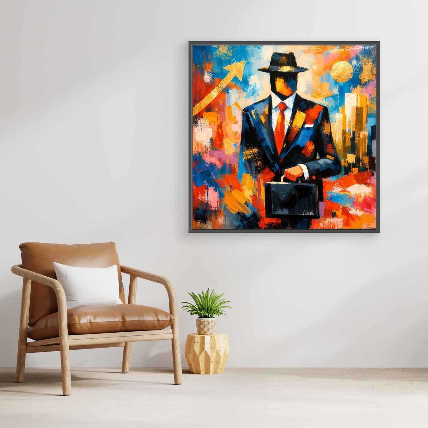 Leinwandbild mit Pop-Art-Malerei: Geschäftsmann mit Hut vor bunten Formen und Aktentasche