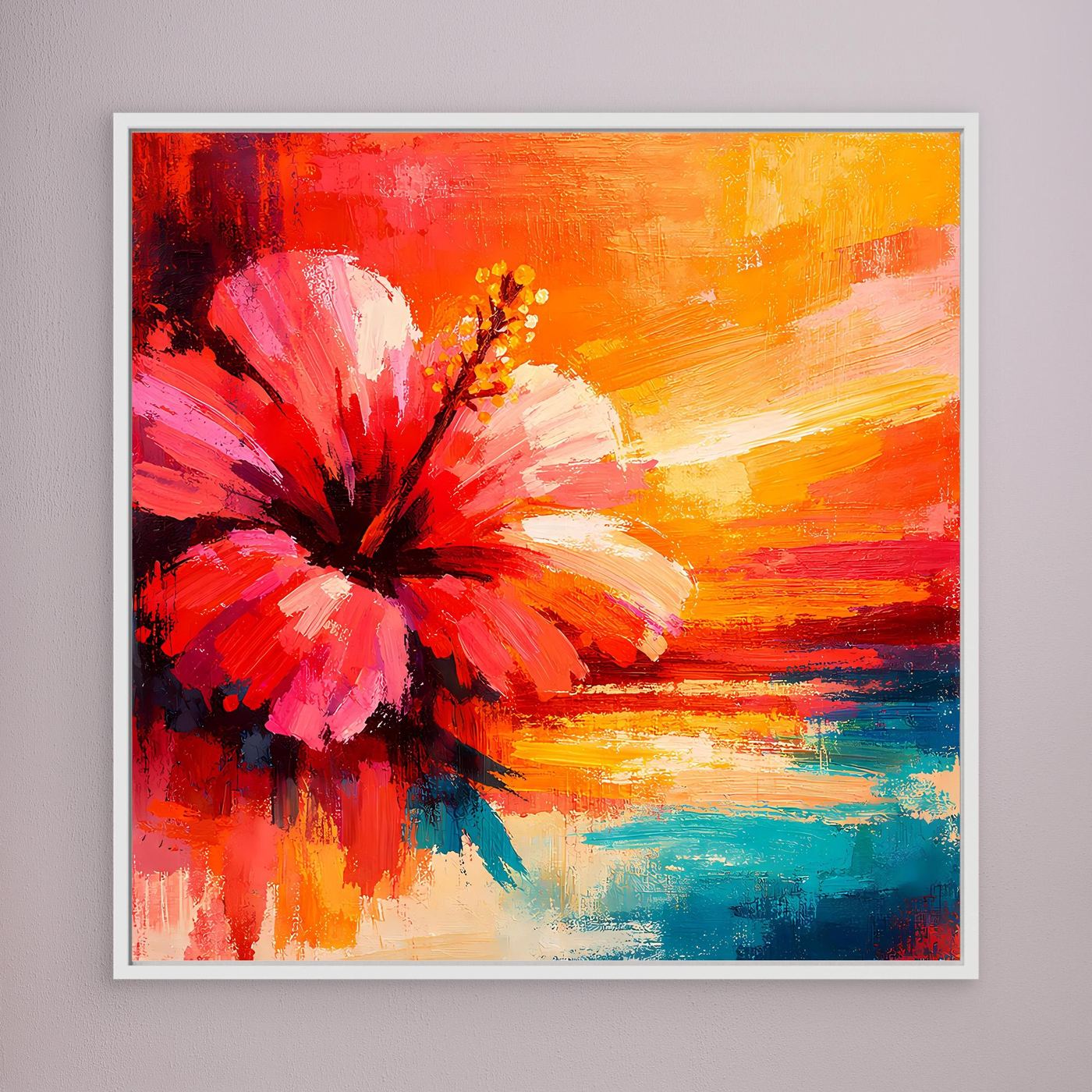 Leinwand Abstraktes Hibiskusblütenbild am Meer | Modernes Küsten Wandbild Bunt
