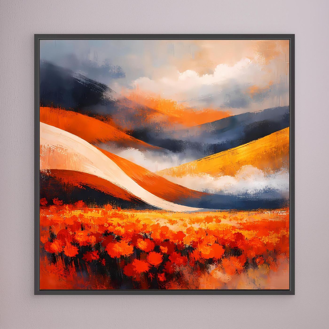 Leinwandbild mit schwarzem Rahmen: rote Blumenwiese und orangefarbene Hügel, abstrakte Wolken.