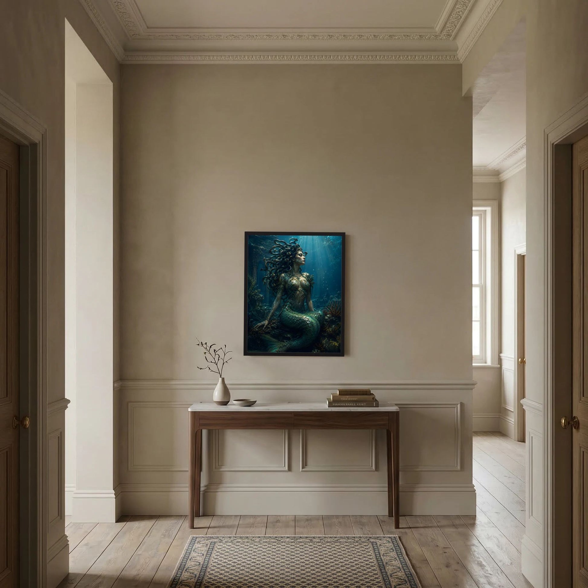 Fantasy-Poster (Hochformat) mit Meerjungfrau und Schlangen-Haaren im Unterwasserwald