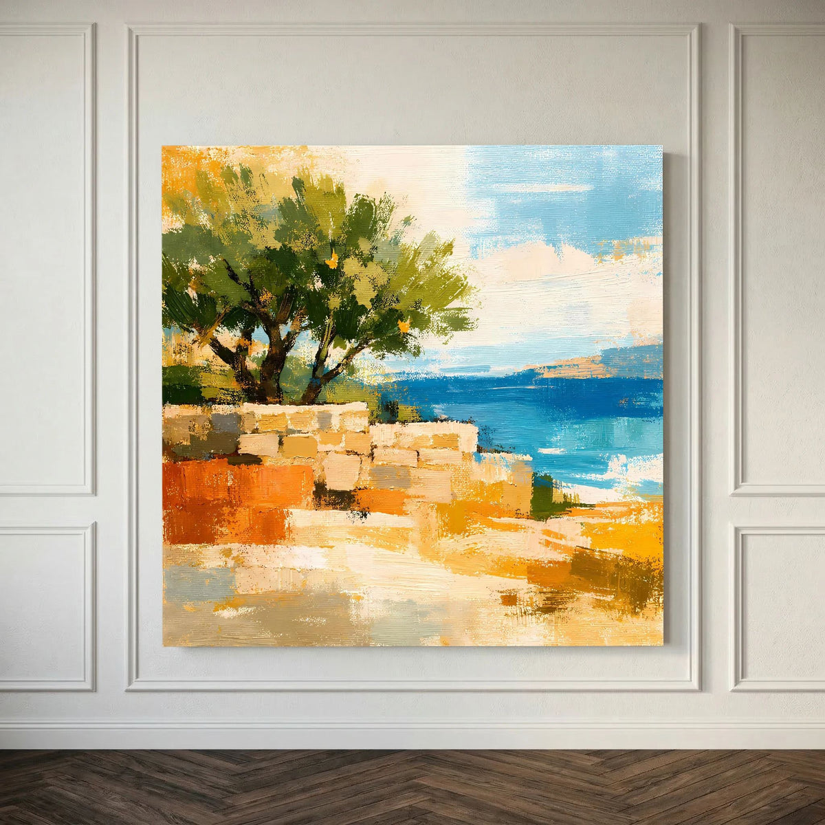 Abstraktes Leinwandbild mit Olivenbaum, Küste und Meer in Grün, Blau und Orange