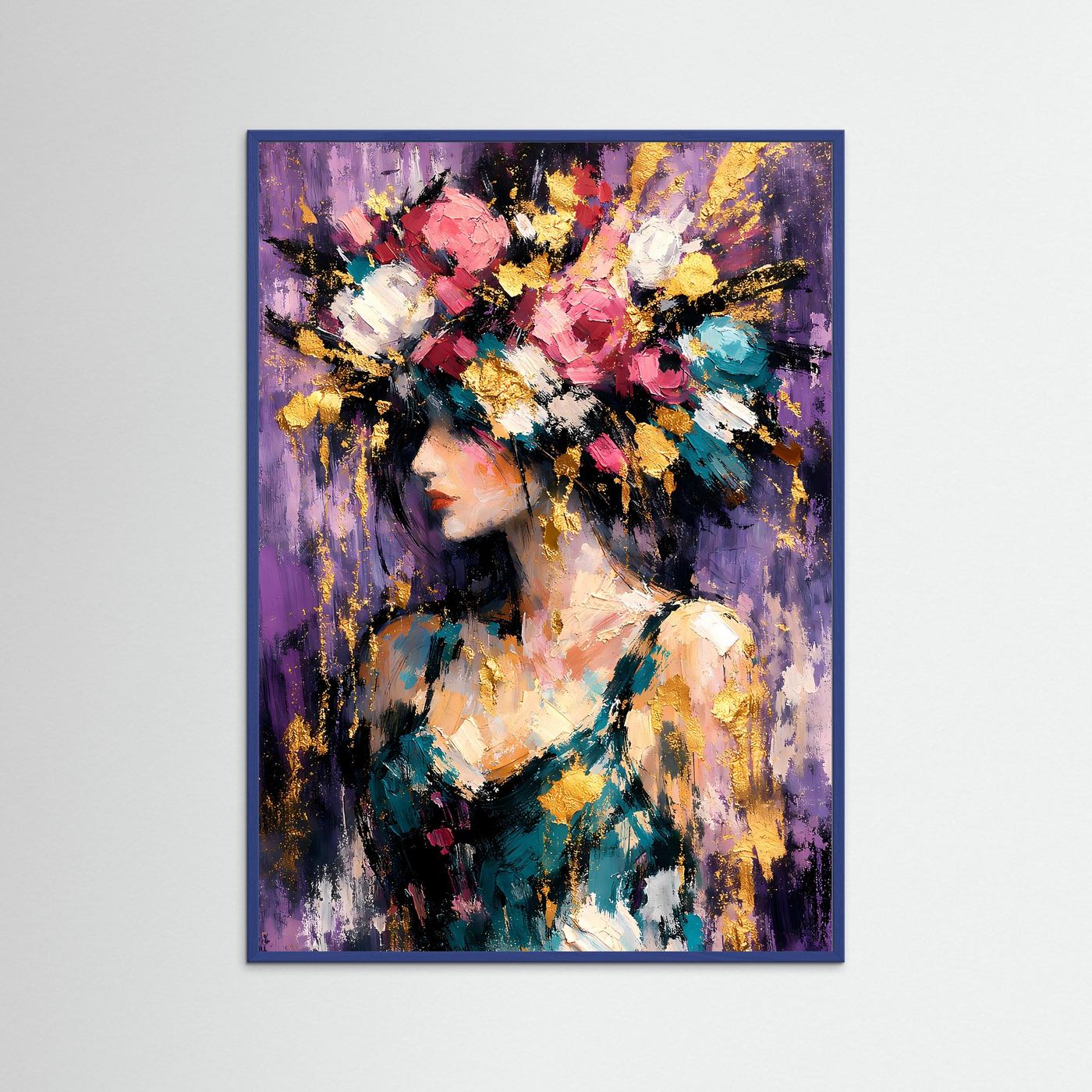 Kunstposter im Hochformat mit blauem Rahmen: Porträt einer Frau mit Blumenkranz