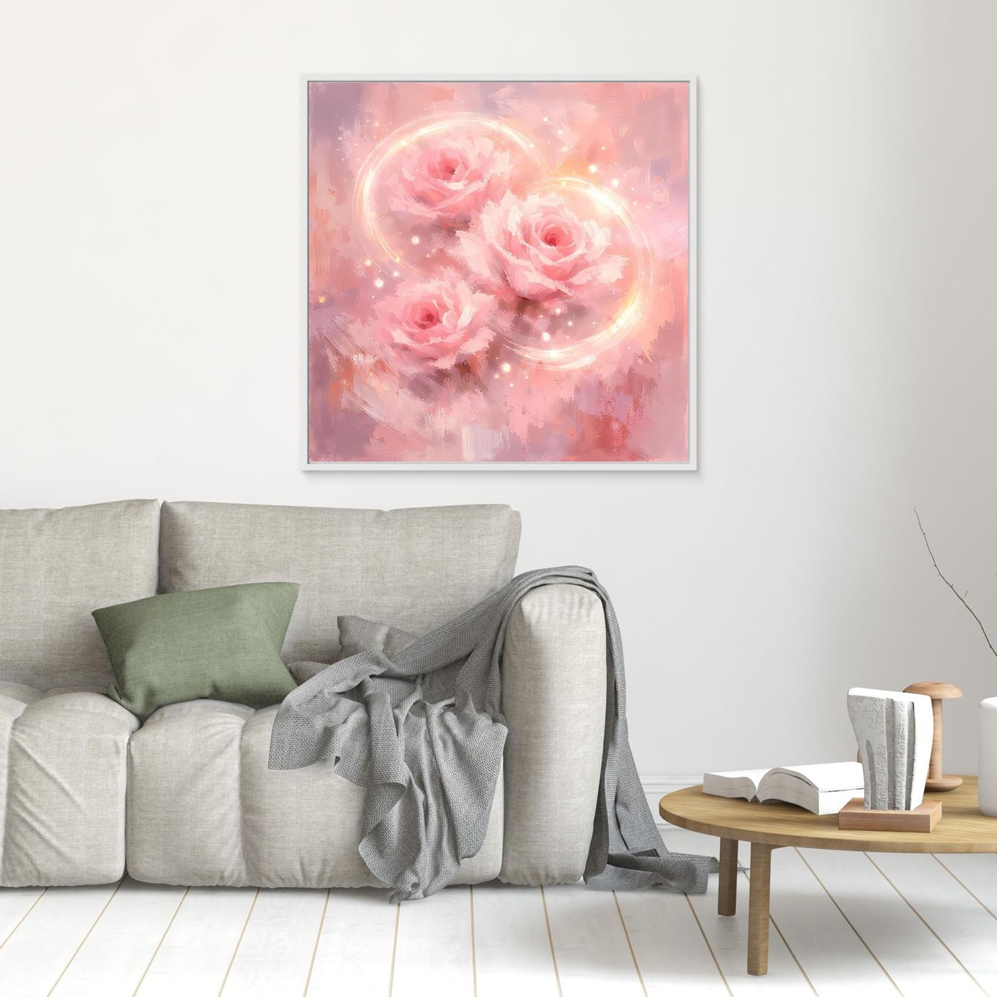 Kleines Wandbild mit rosa Rosen, schimmernden Kreisen und Punkten, weiß gerahmt