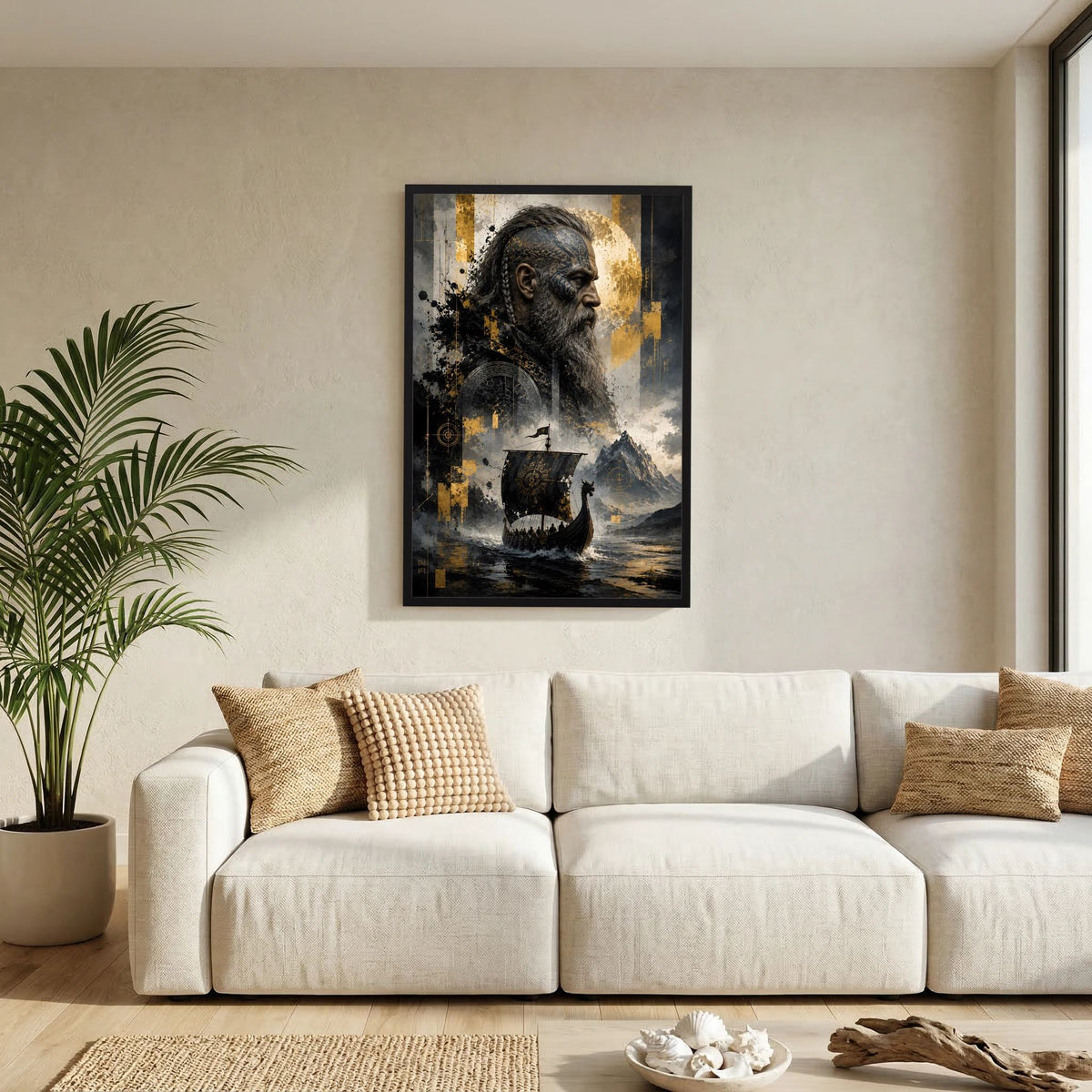 Wand-Kunstposter im Hochformat mit Wikingerkopf im Profil, Wikingerschiff, gold-schwarz, schwarzer Rahmen.