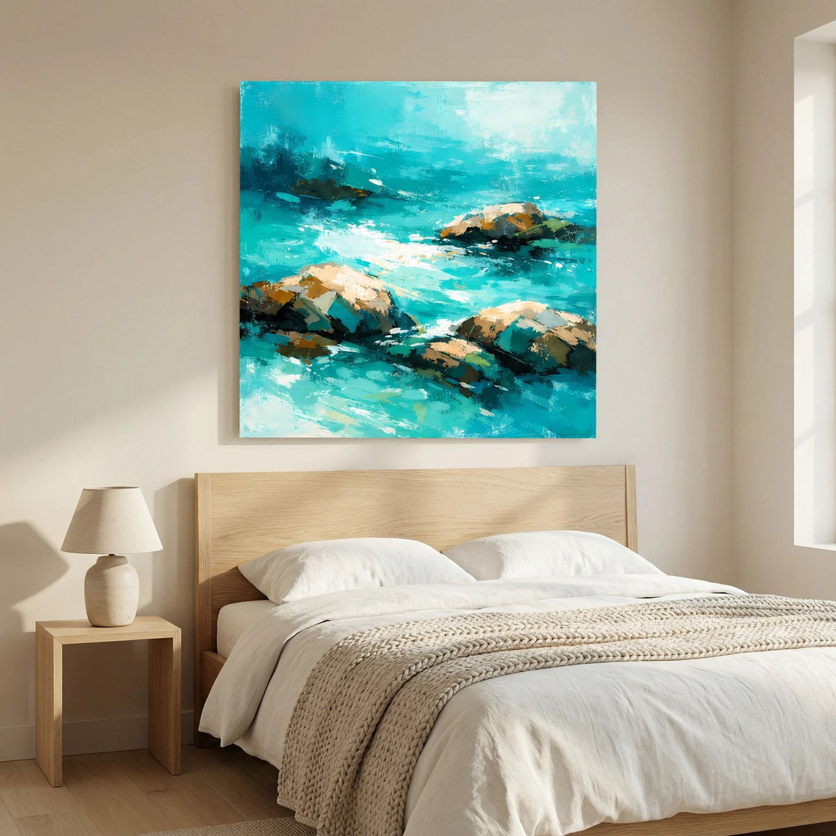 Leinwand-Wandbild mit abstraktem Meer in Türkis und steinigen Felsbrocken