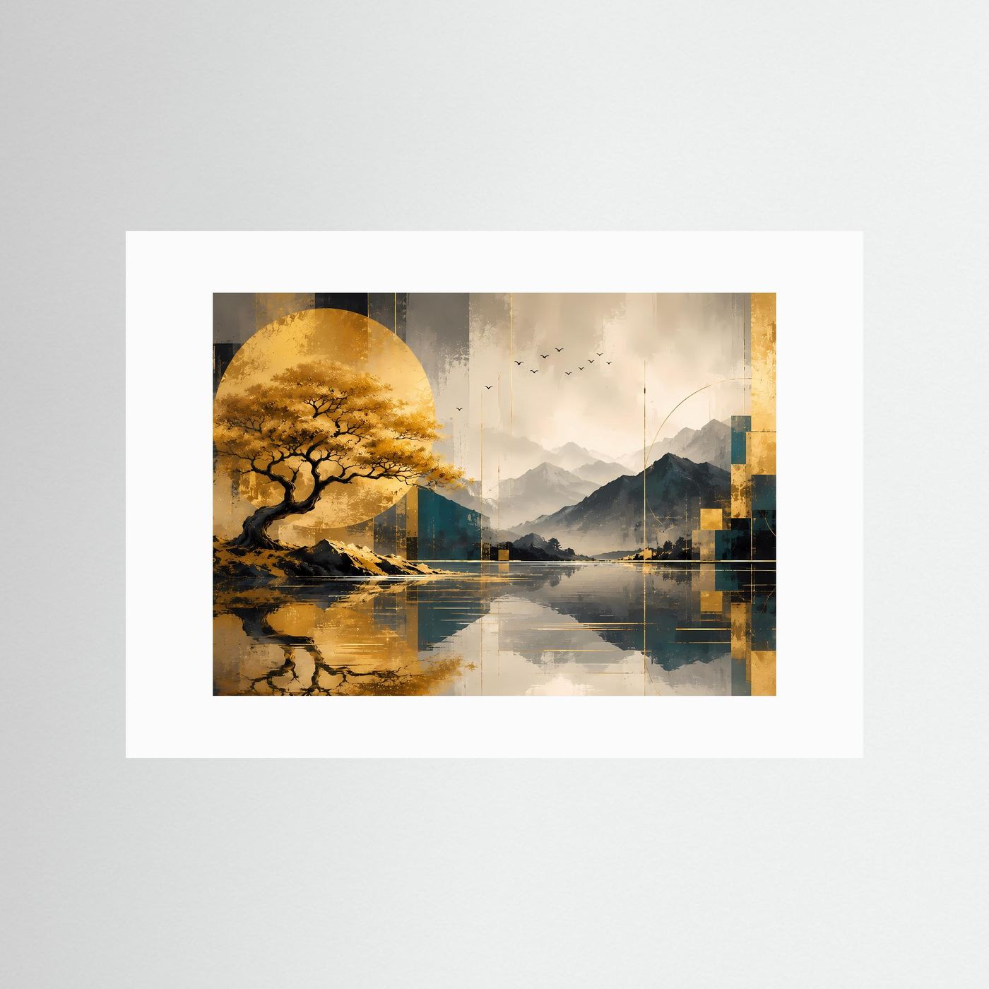 Landschaftsposter mit weißem Passepartout: goldener Baum, See und Berge