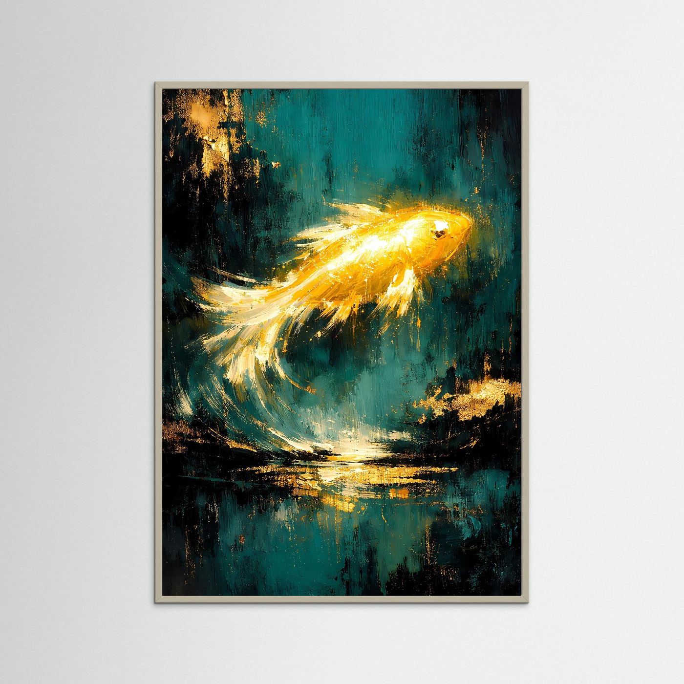 Gerahmtes Kunstposter mit goldener Goldfisch-Silhouette auf türkis-blauem Abstraktgemälde, hochkant
