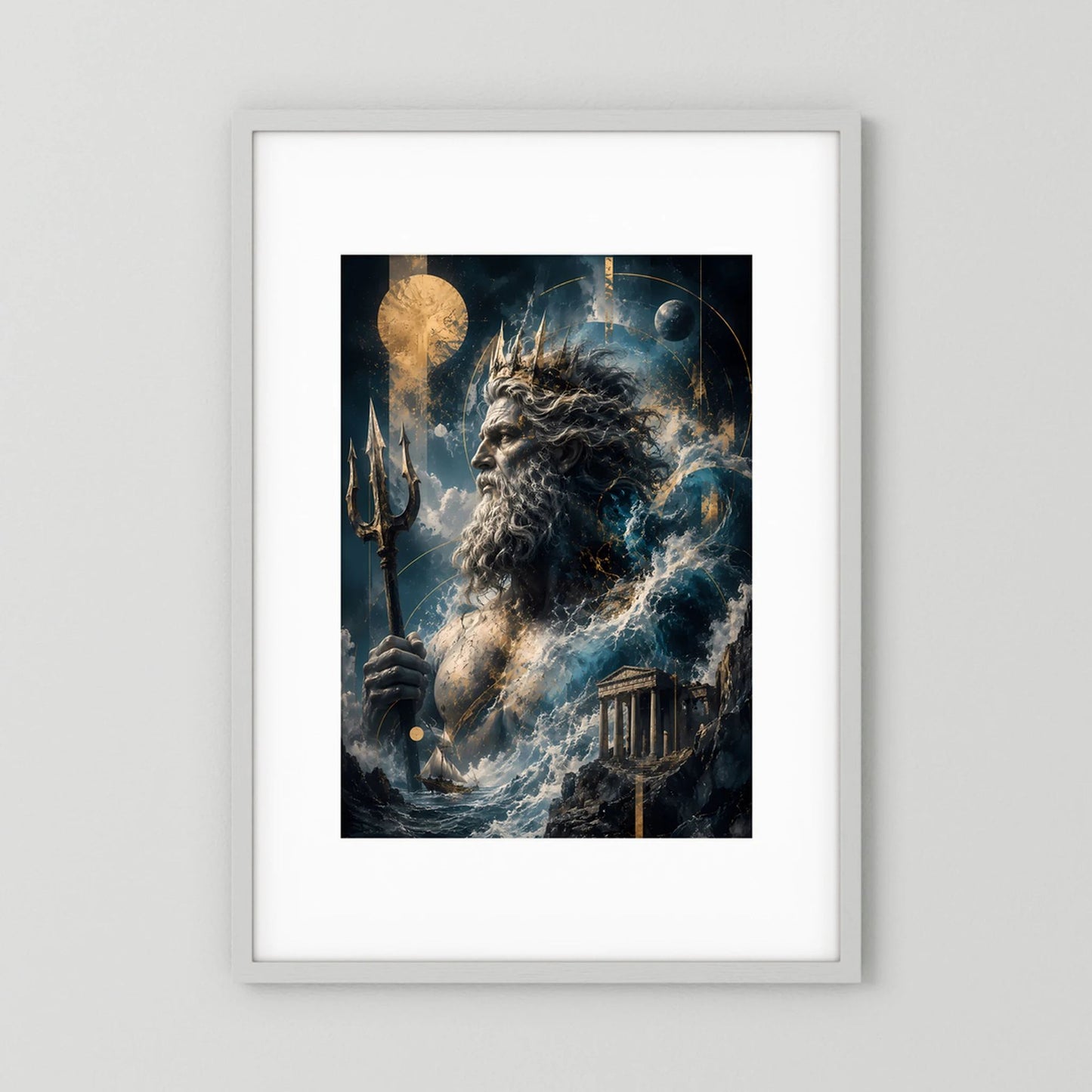 Hochformatiges Poster mit Poseidon, Dreizack in der Hand, umgeben von tosenden Wellen