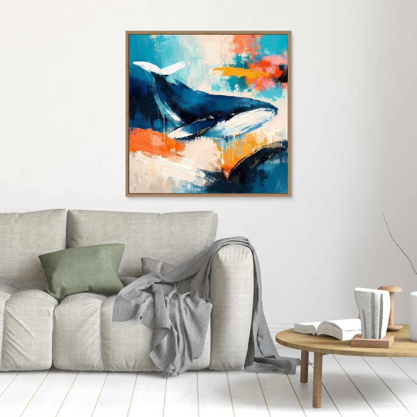 Leinwand-Wandbild: abstrakter Wal in Blau und Orange, schmaler Rahmen
